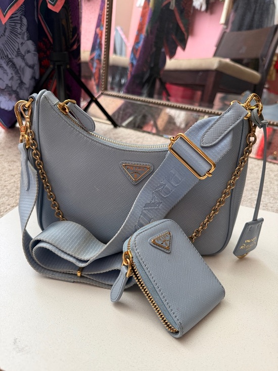 Prada Handbags - Prada Powder Blue Saffiano Leather Shoulder Bag with Coin Pouch